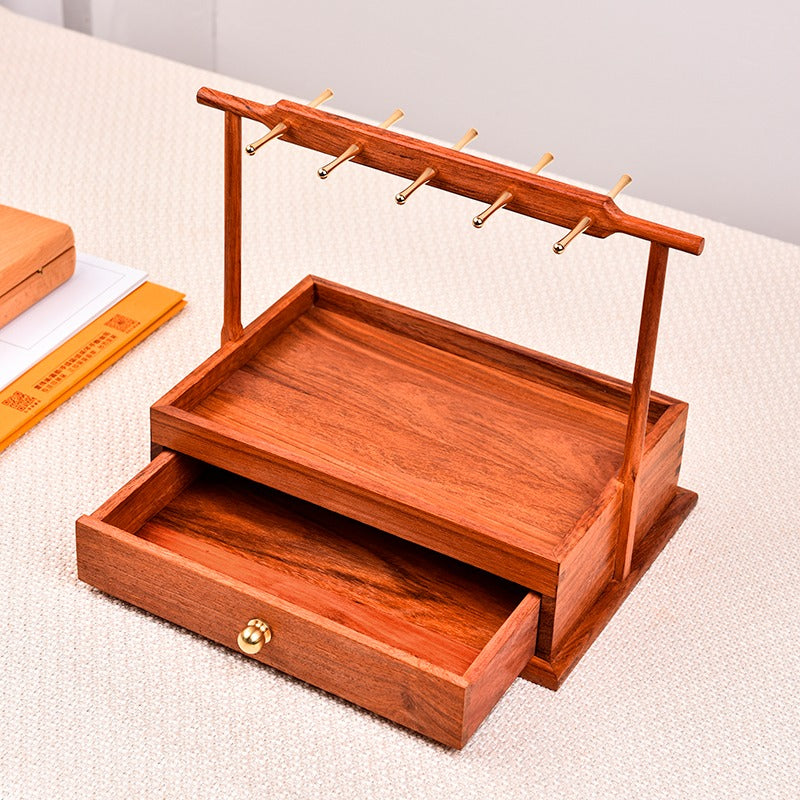 Burmese Padauk Organizer Stand – Solid Wood Desktop Storage Rack – Rustic Entryway Decor (27×19×23×7.3cm)