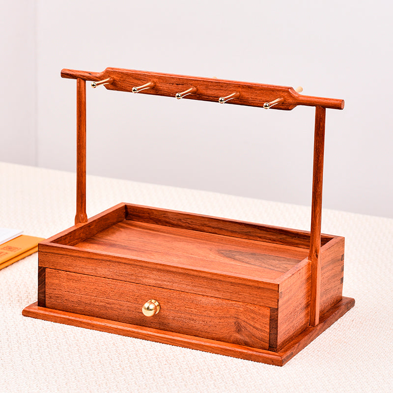 Burmese Padauk Organizer Stand – Solid Wood Desktop Storage Rack – Rustic Entryway Decor (27×19×23×7.3cm)