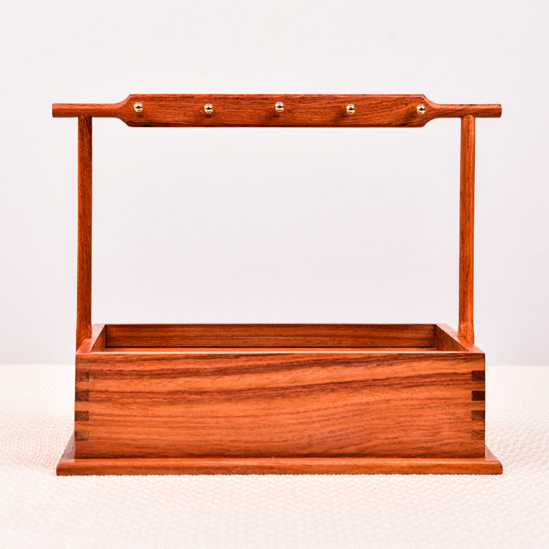 Burmese Padauk Organizer Stand – Solid Wood Desktop Storage Rack – Rustic Entryway Decor (27×19×23×7.3cm)