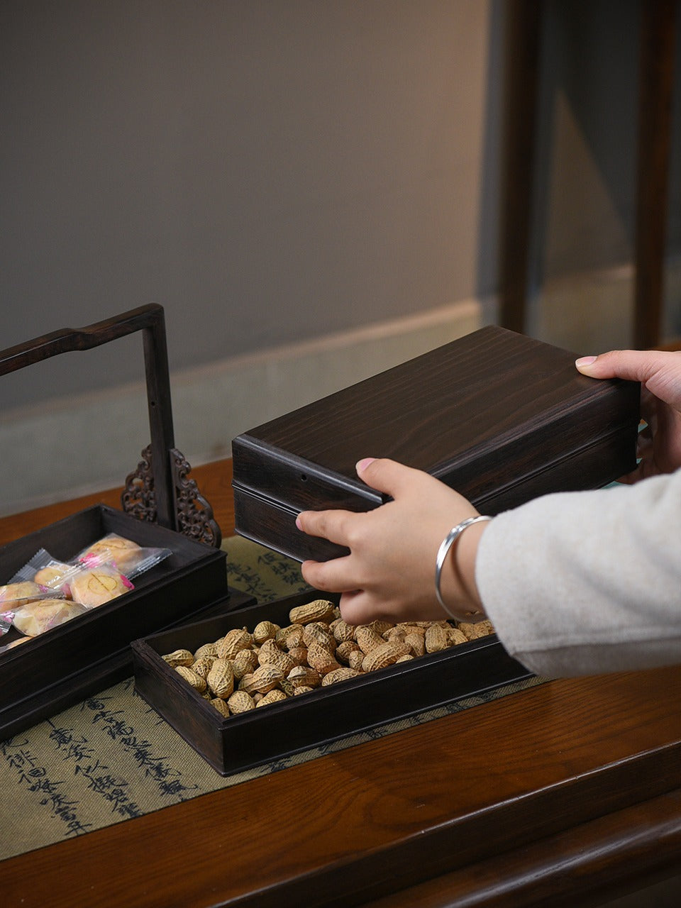 Ebony Wood Three-Tier Carrying Box | Solid Mortise-Tenon Joinery | Chinese Tea & Collectibles Organizer