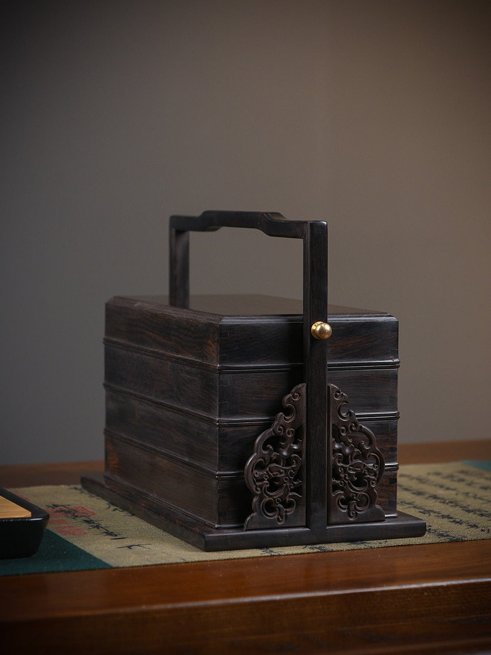 Ebony Wood Three-Tier Carrying Box | Solid Mortise-Tenon Joinery | Chinese Tea & Collectibles Organizer