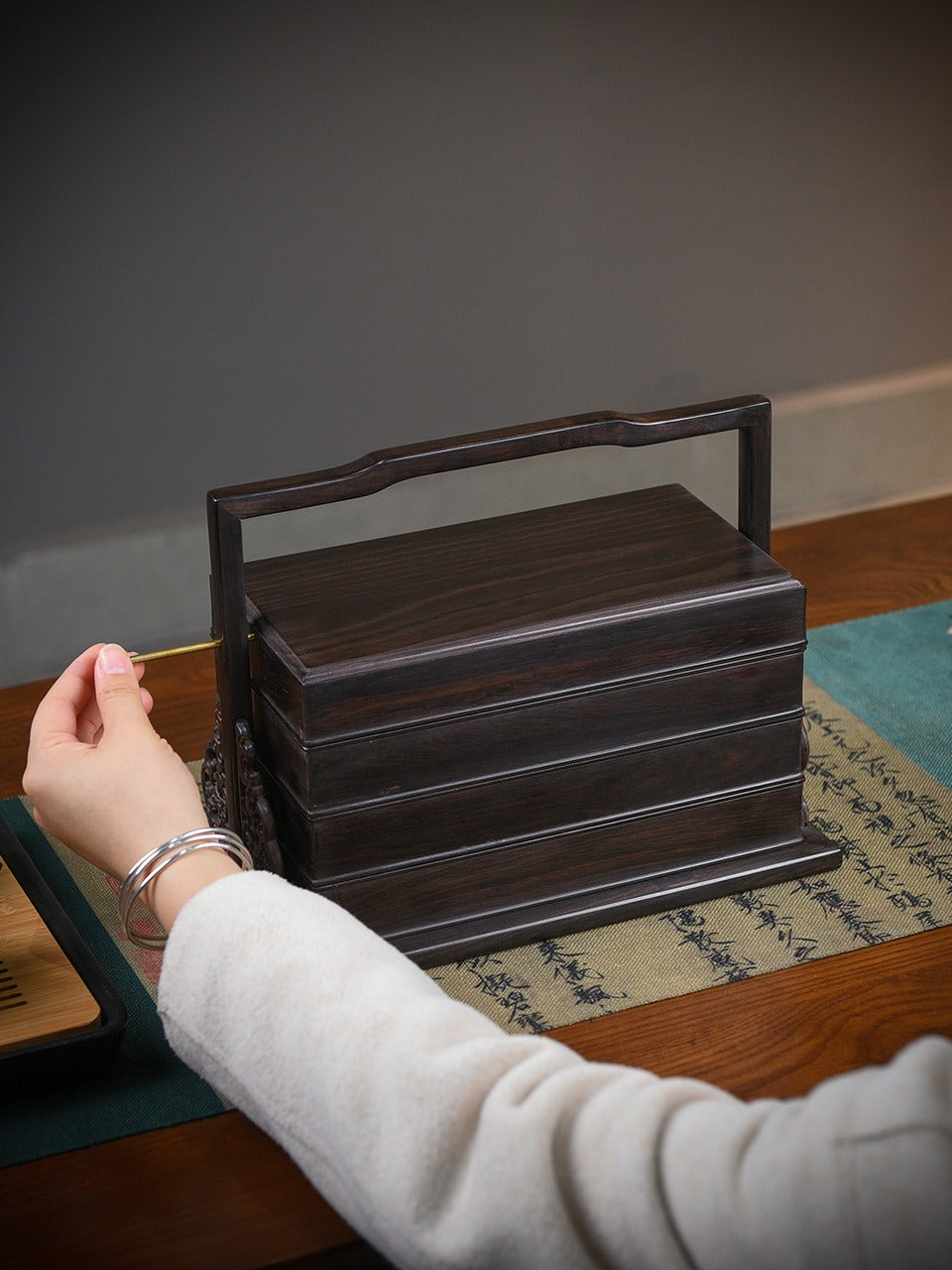 Ebony Wood Three-Tier Carrying Box | Solid Mortise-Tenon Joinery | Chinese Tea & Collectibles Organizer