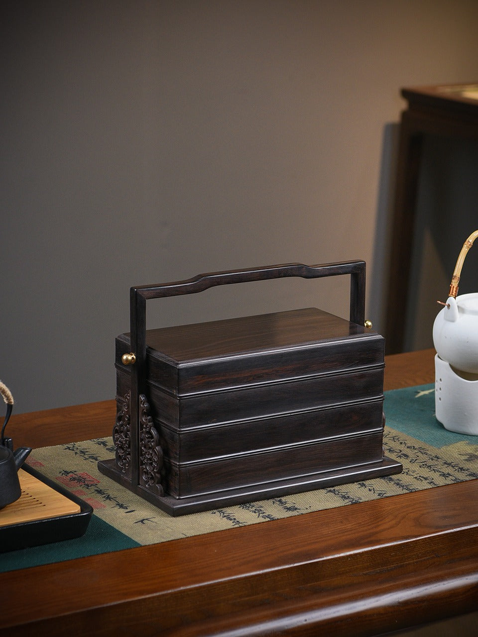 Ebony Wood Three-Tier Carrying Box | Solid Mortise-Tenon Joinery | Chinese Tea & Collectibles Organizer
