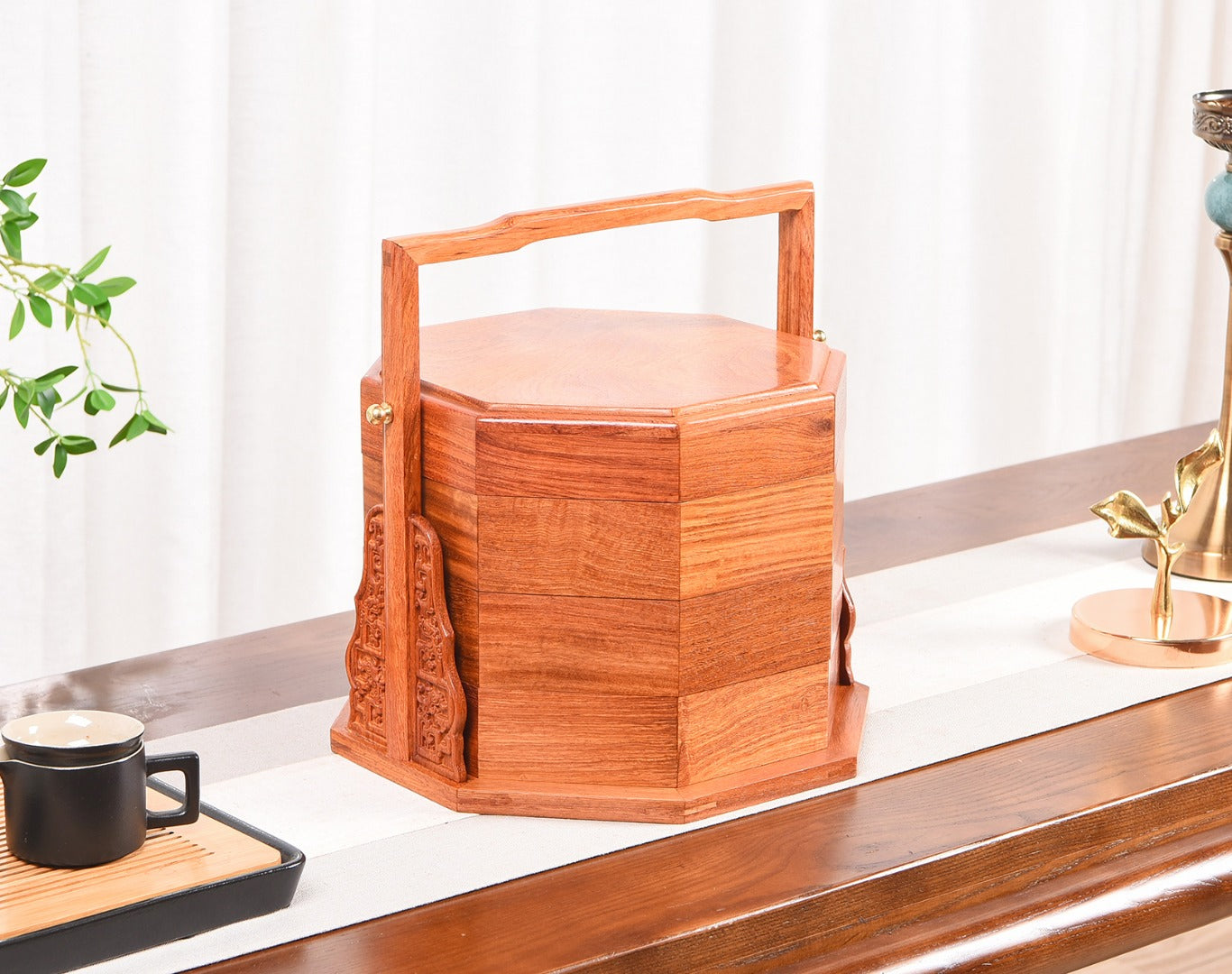 Burmese Padauk Handled Basket – “Eight Treasures” Plain Style, Solid Wood Craft (31.5×31.5×32.5cm)