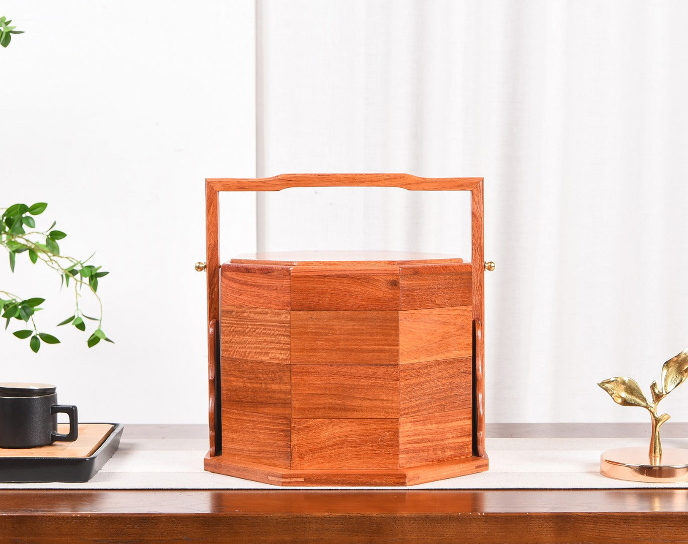 Burmese Padauk Handled Basket – “Eight Treasures” Plain Style, Solid Wood Craft (31.5×31.5×32.5cm)