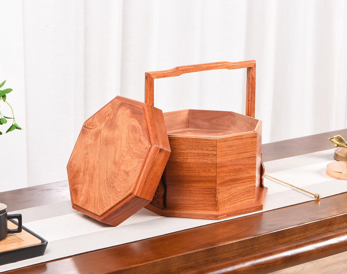 Burmese Padauk Handled Basket – “Eight Treasures” Plain Style, Solid Wood Craft (31.5×31.5×32.5cm)