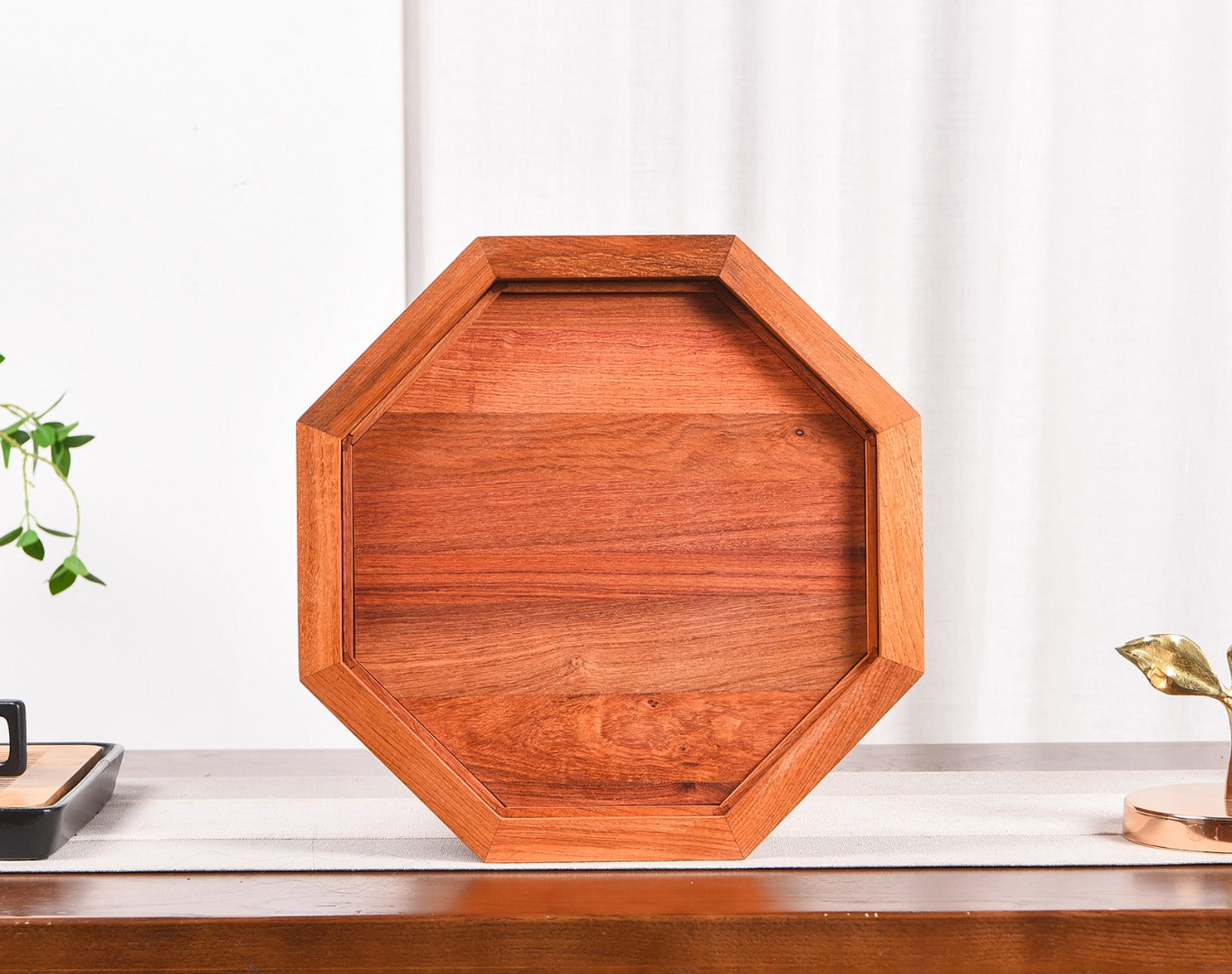Burmese Padauk Handled Basket – “Eight Treasures” Plain Style, Solid Wood Craft (31.5×31.5×32.5cm)