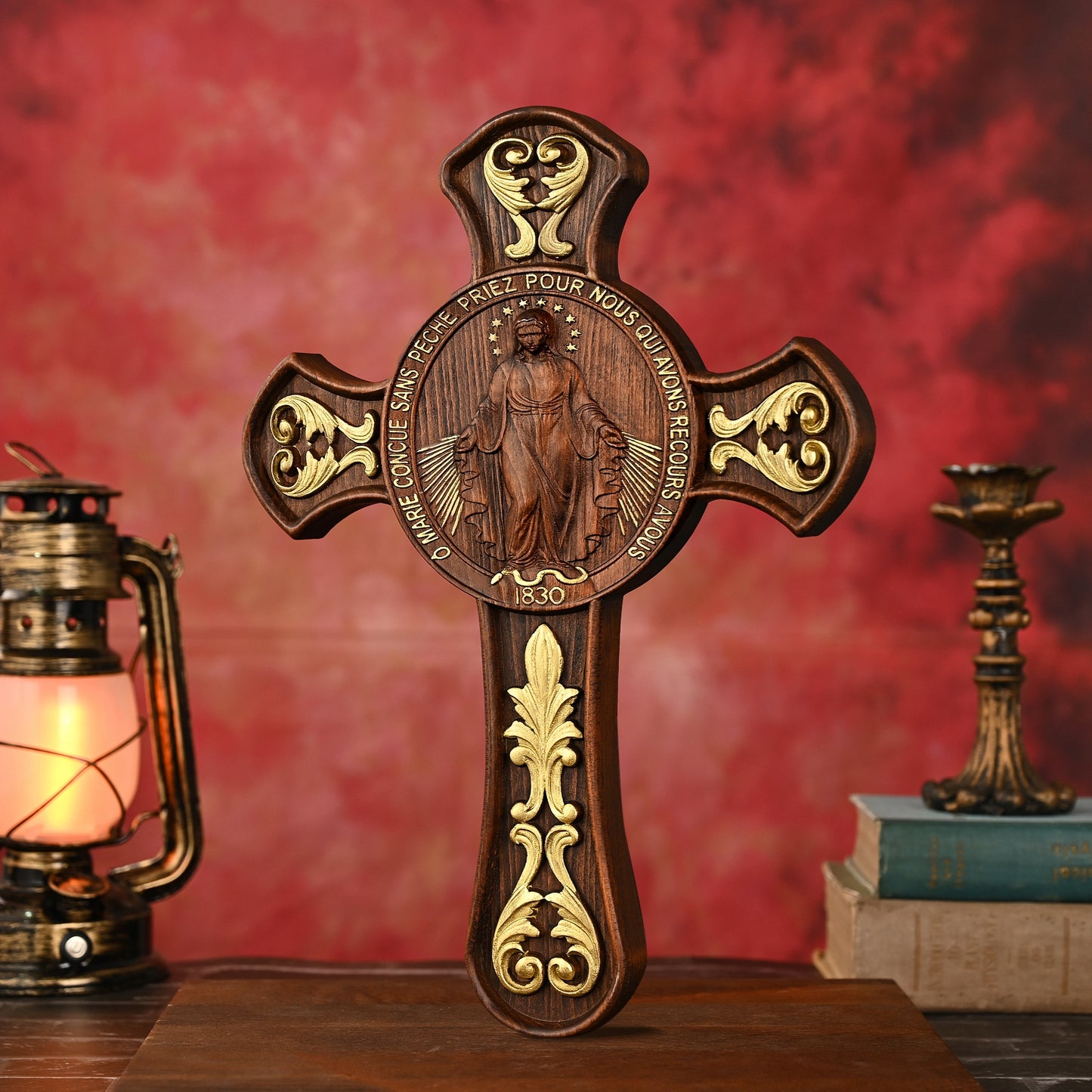 Double-Sided Miraculous Medal Wall Plaque, Hand-Carved Wood, Gilded