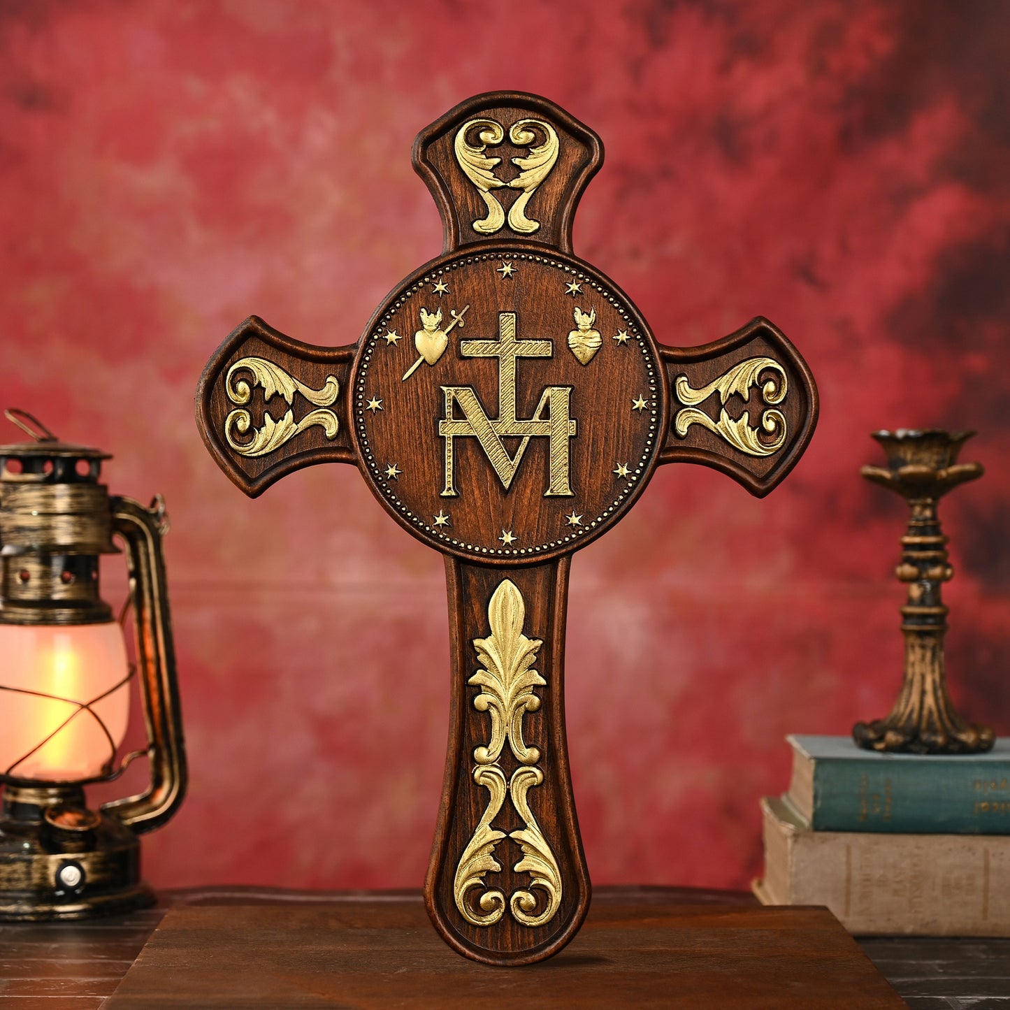 Double-Sided Miraculous Medal Wall Plaque, Hand-Carved Wood, Gilded