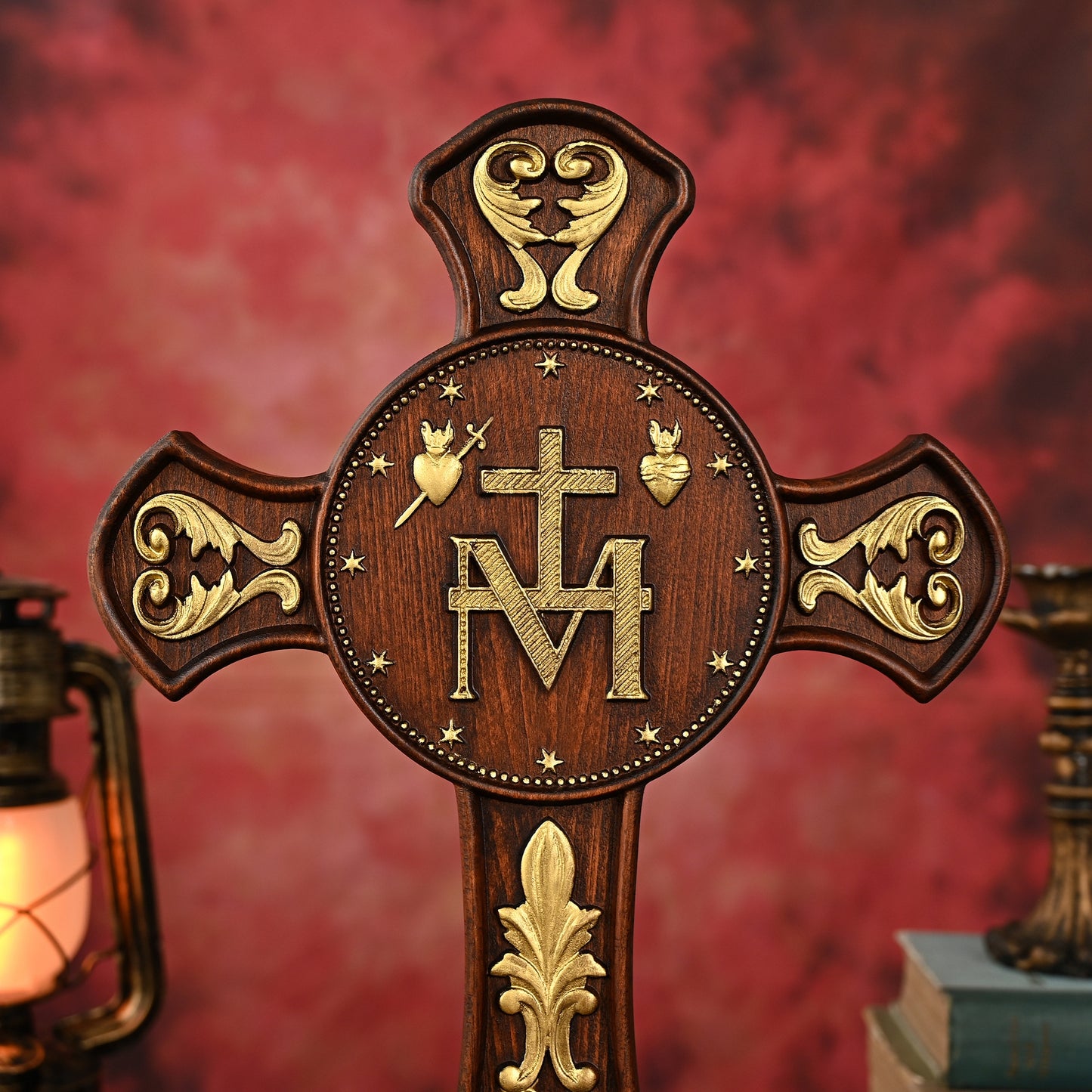 Double-Sided Miraculous Medal Wall Plaque, Hand-Carved Wood, Gilded