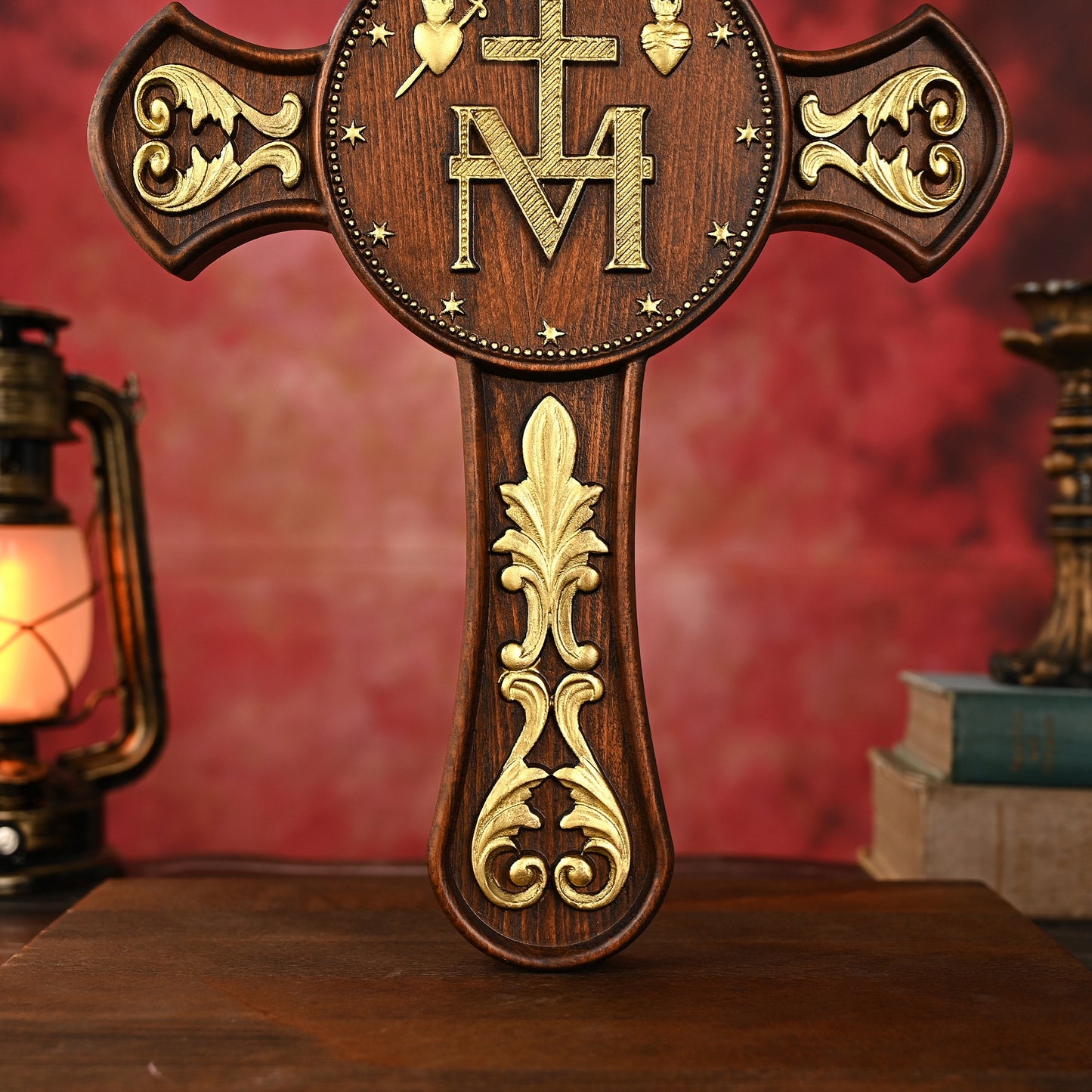Double-Sided Miraculous Medal Wall Plaque, Hand-Carved Wood, Gilded