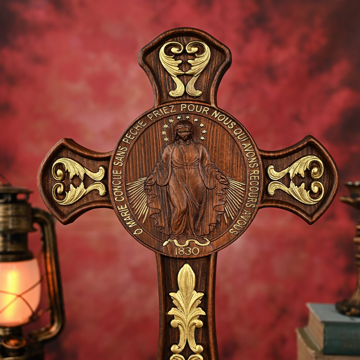 Double-Sided Miraculous Medal Wall Plaque, Hand-Carved Wood, Gilded