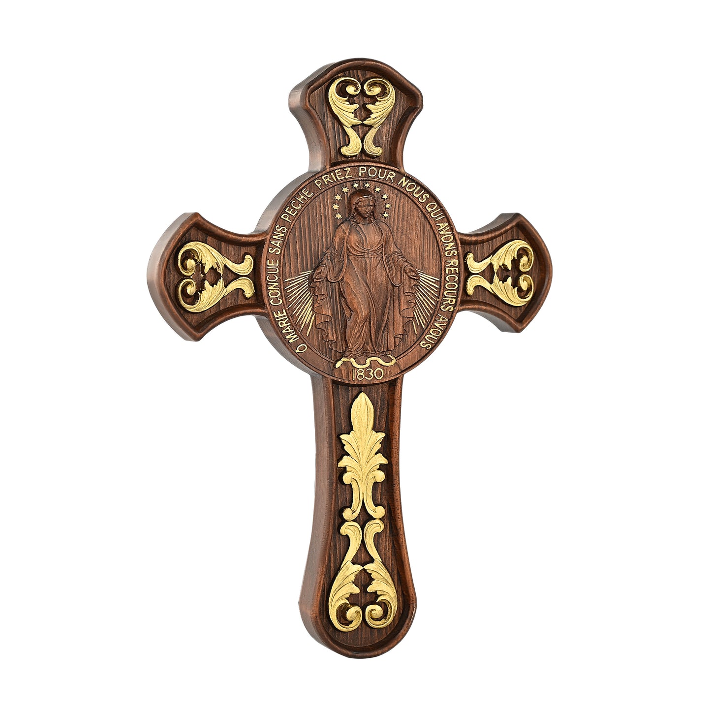 Double-Sided Miraculous Medal Wall Plaque, Hand-Carved Wood, Gilded
