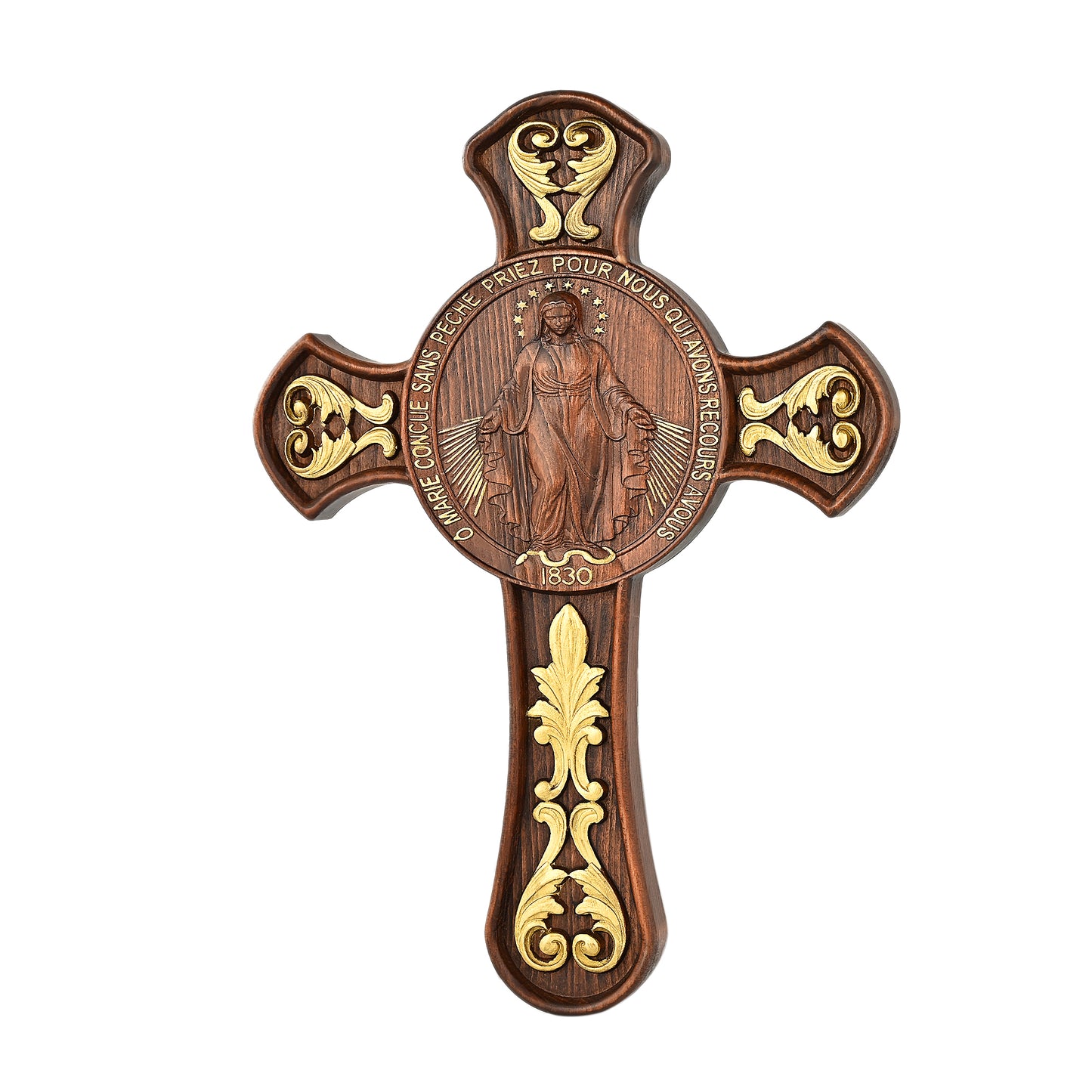Double-Sided Miraculous Medal Wall Plaque, Hand-Carved Wood, Gilded