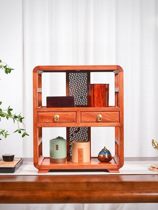 Burmese Padauk Tea Side Cabinet – Rounded Corners, Dual Drawers, Mortise & Tenon, Hollowed Back