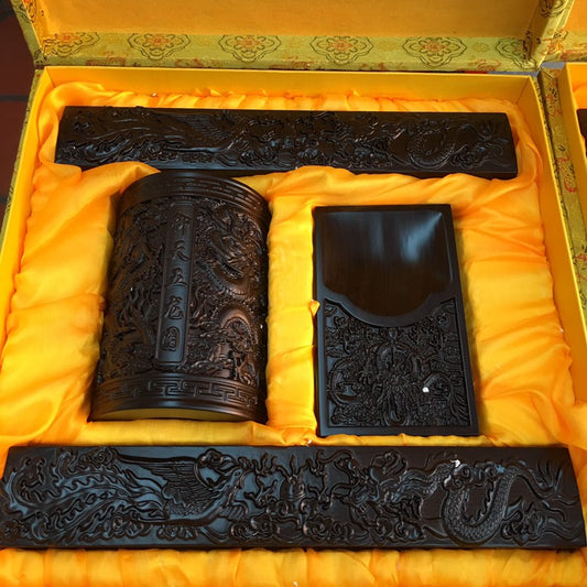 Four Treasures of the Study | African Ebony Large & Thick Inkstone, Brush Holder & Paperweight Set
