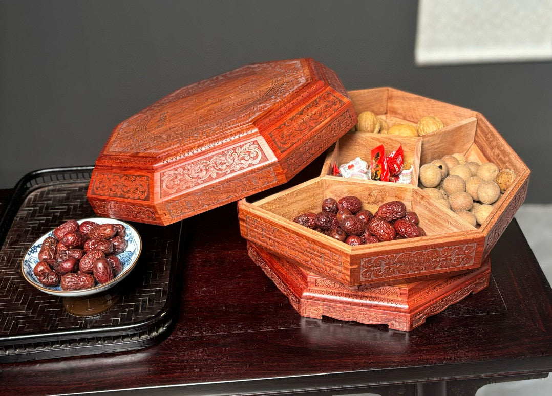 Burmese Padauk Rotating Snack Tray – Fortune Spinner with Mortise & Tenon Craft