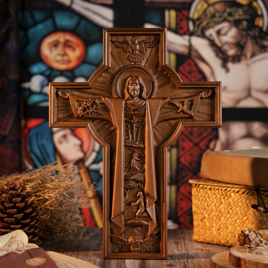 Easter Jesus Cross Wall Hanging – Vintage Beech Wood Religious Decoration