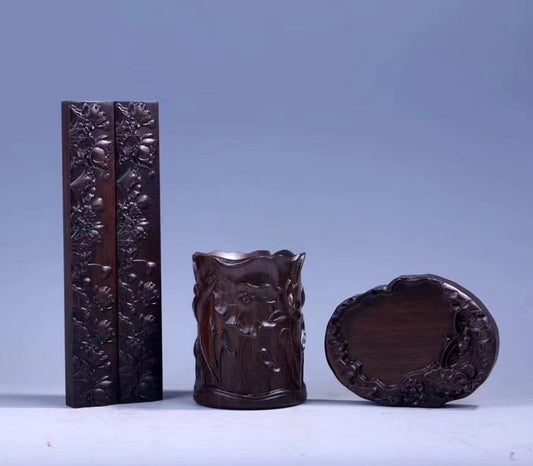 Lotus Inkstone Set – Black Ebony Scholar’s Four Treasures of the Study (Inkstone, Paperweight, Pen Holder, Brush Rest)