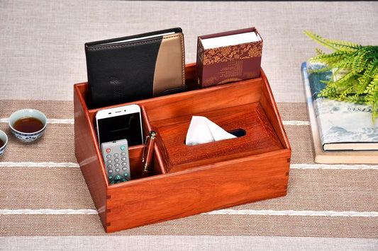 Multi-Functional Organizer Box with Tissue Holder – Red Padauk Wood Desktop Storage