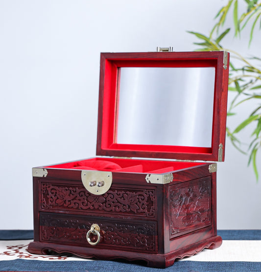 Carved Blood Sandalwood Jewelry Box – “Perfect Match” Design, Antique Bridal Chest with Silk Gift Box (24.5×19×17cm