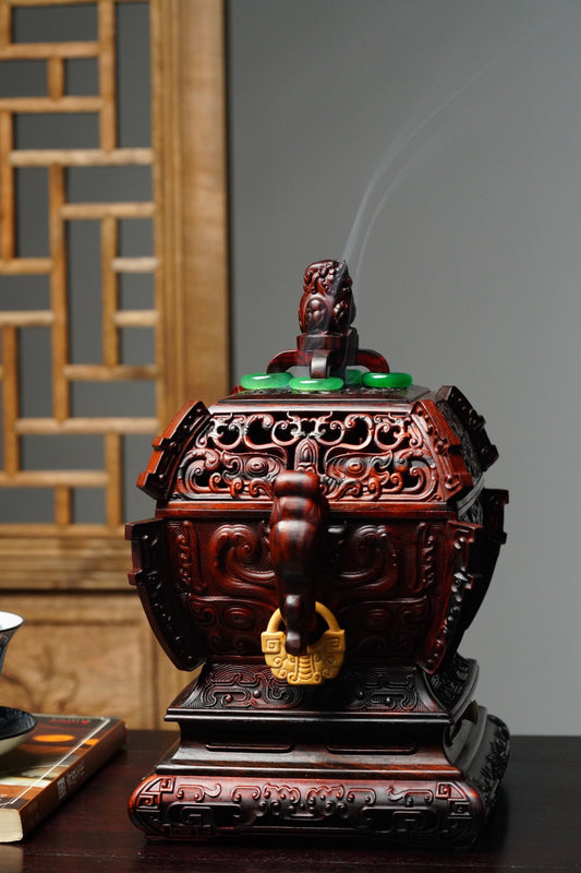 Laos Rosewood Incense Burner with Drawer – Hollow-Carved Design & Hidden Storage