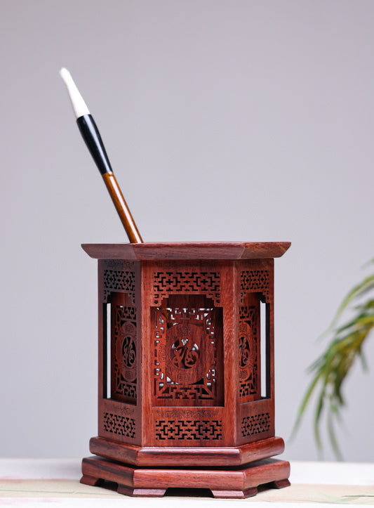 Hexagonal Rosewood Pen Holder | Fu Carving | Handmade