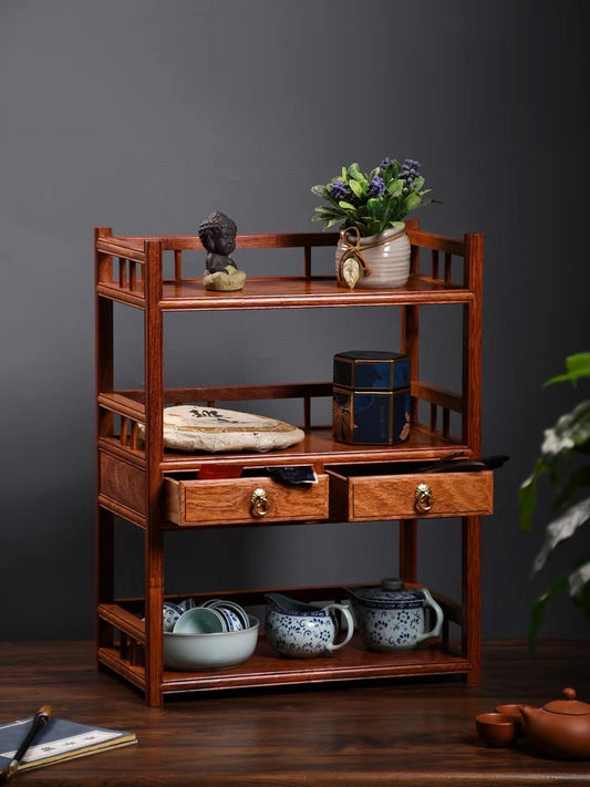 Burmese Padauk 3-Tier Tea Side Cabinet with Double Drawers & Rail Shelves – Elegant & Functional