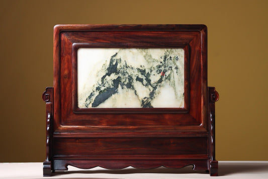 Horizontal Stone Screen in Lao Rosewood – Natural Marble Display Piece