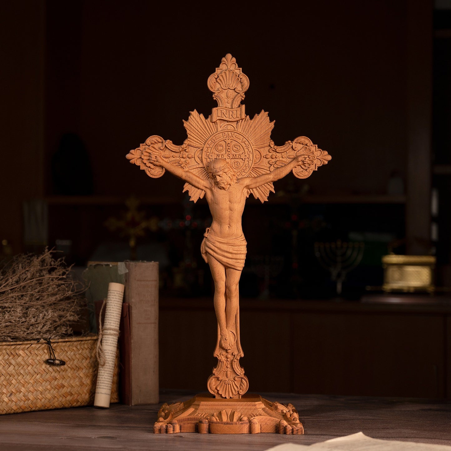 Solid Beech Wood Crucifix with Saint Benedict Medal – Religious Home Decoration