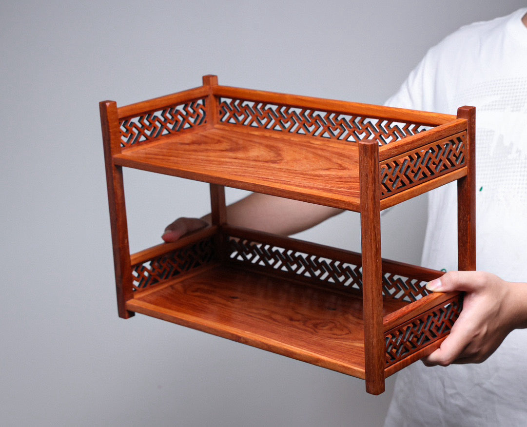 Two-Tier Solid Wood Storage Rack – Burmese Padauk – Mortise & Tenon Joinery (40×19×27cm)