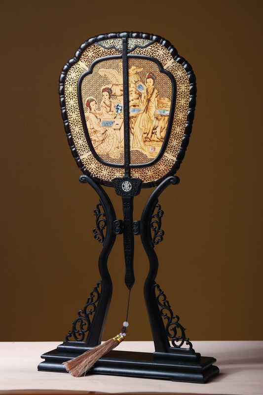 Rosewood & Sandalwood Inlaid Imperial Palace Fan – Antique-Style Display Piece