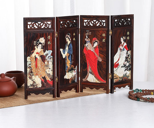 Folding Screen in Rosewood – “Four Beauties” or “Plum, Orchid, Bamboo & Chrysanthemum” Motifs