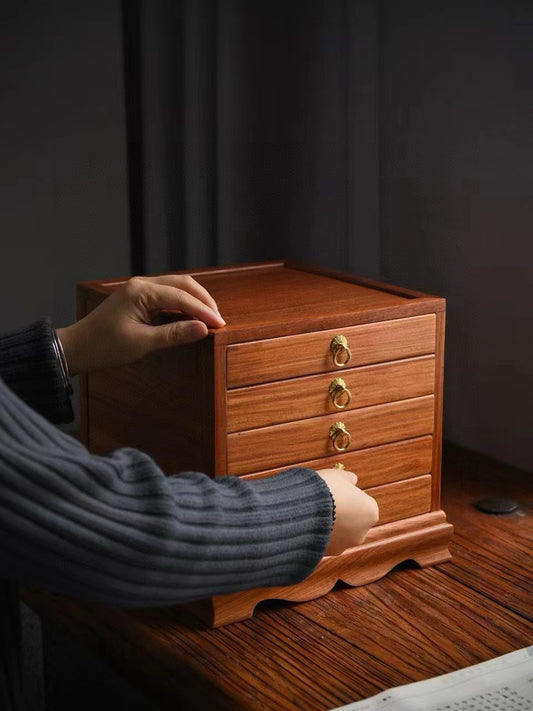 Burmese Padauk 5-Drawer Mini Cabinet – Elegant Desktop Organizer