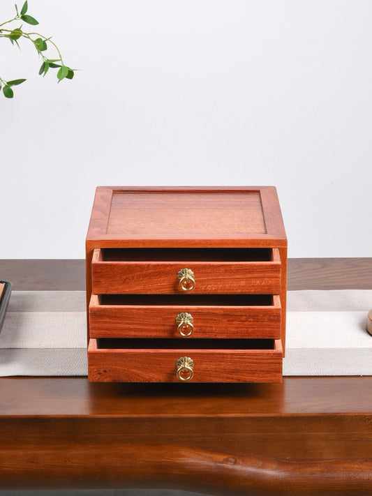 Drawer Tea Box – Burmese Padauk | 3-Drawer Organizer for Tea & Storage | Mortise Tenon Craft | Moisture-Resistant Solid Wood Box