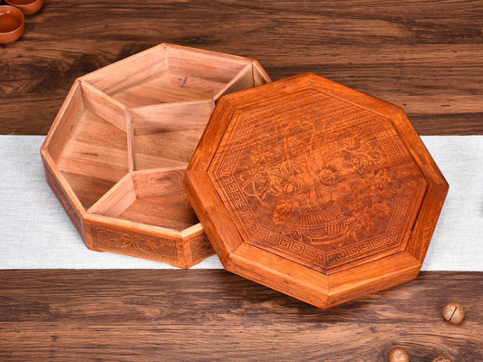 Burmese Padauk Carved Octagonal Fruit Tray – Mortise & Tenon Craftsmanship, Finely Detailed