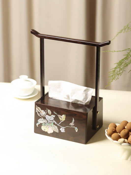 Zitan Tissue Box with Handle – Ming Style Design, Mother-of-Pearl Inlay or Plain Finish