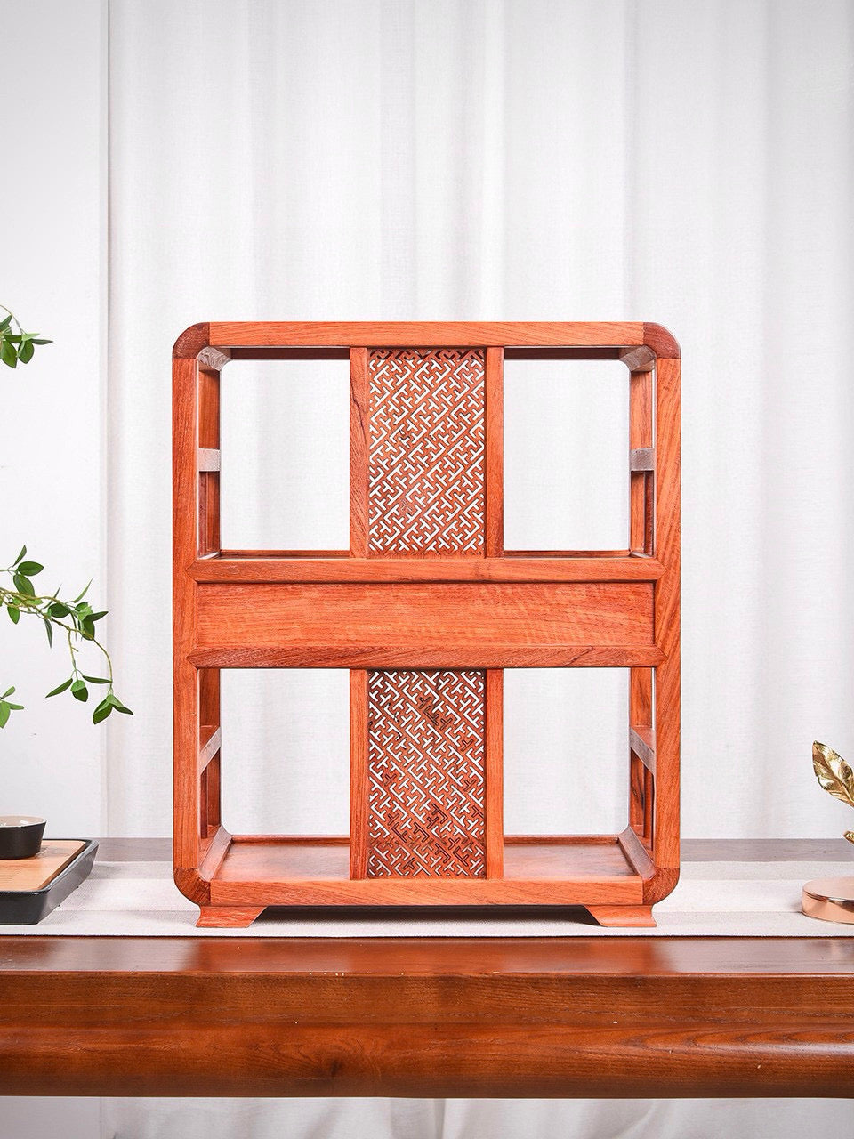 Burmese Padauk Tea Side Cabinet – Rounded Corners, Dual Drawers, Mortise & Tenon, Hollowed Back
