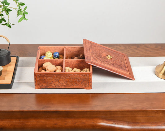 Burmese Padauk 4-Grid Carved Snack Tray with Lid – Handcrafted Wooden Gift Box
