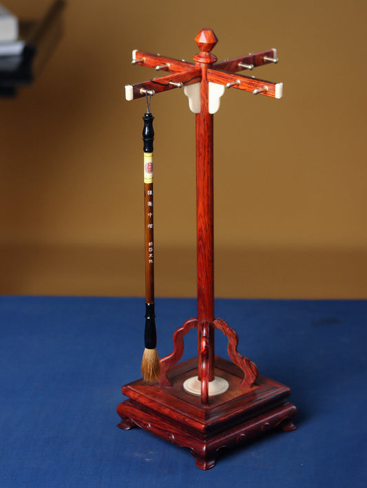 Rosewood 16-Hook Cross Brush Stand – Handcrafted Calligraphy Display, Solid South American Wood
