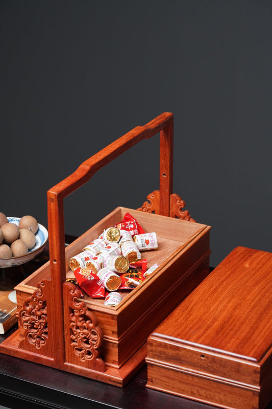 Three-Tier Wooden Carrying Box – Solid Burmese Padauk – Classical Design (29×17×22cm)