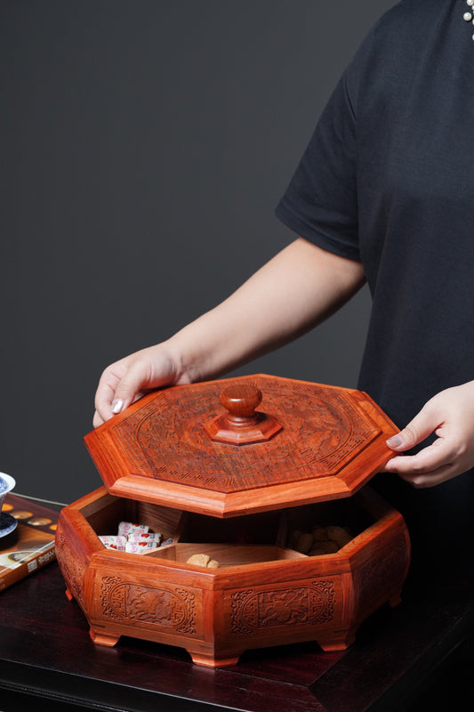 Burmese Rosewood Carved Octagonal Fruit Tray – 5 Compartments | Mortise-Tenon Joinery | Chinese Solid Wood Decor