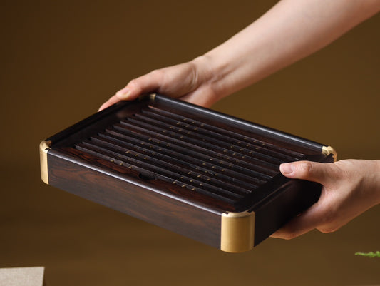 Ebony Gongfu Tea Tray – Mortise & Tenon with Brass Fittings, Minimalist Design (26.5×19.5×4cm)