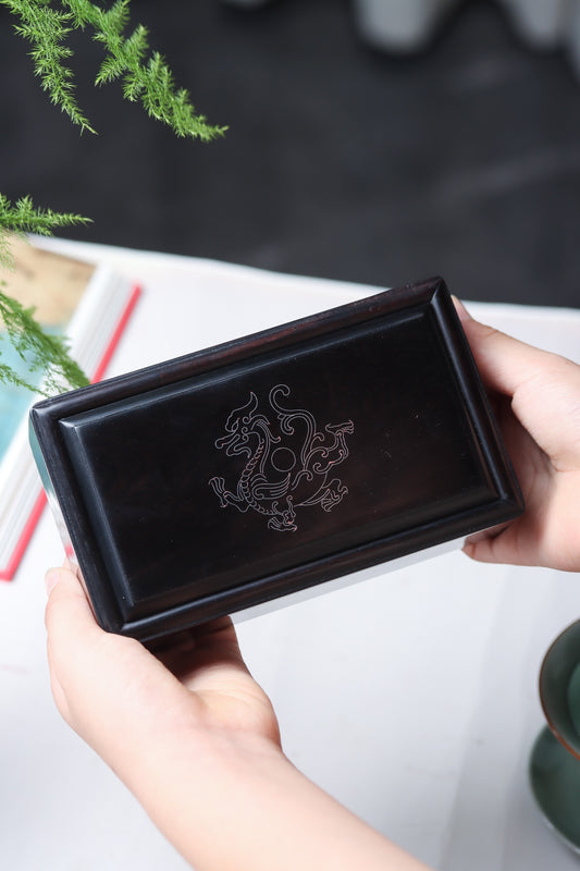 Solid Ebony Secret Puzzle Box – Silver Inlay Chilong Design, Mortise & Tenon Structure