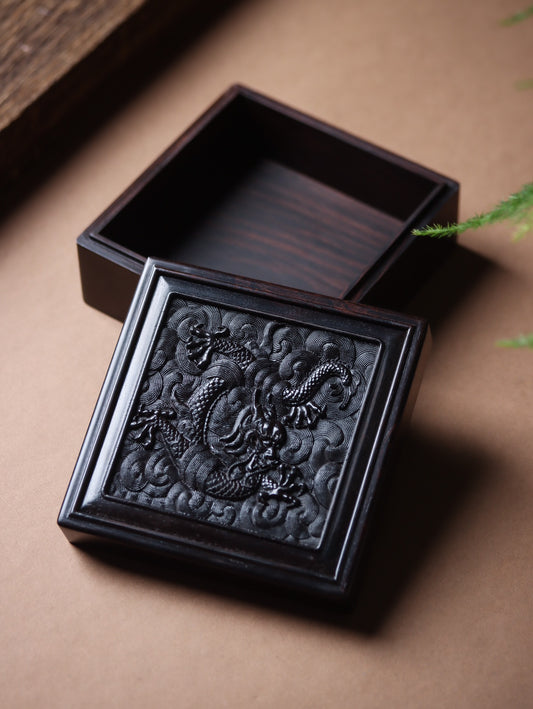 Dragon Motif Ebony Square Box – Handcrafted Elegance