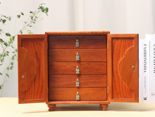 Blessing & Fortune 5-Drawer Jewelry Box in Burmese Padauk – Solid Wood & Traditional Joinery