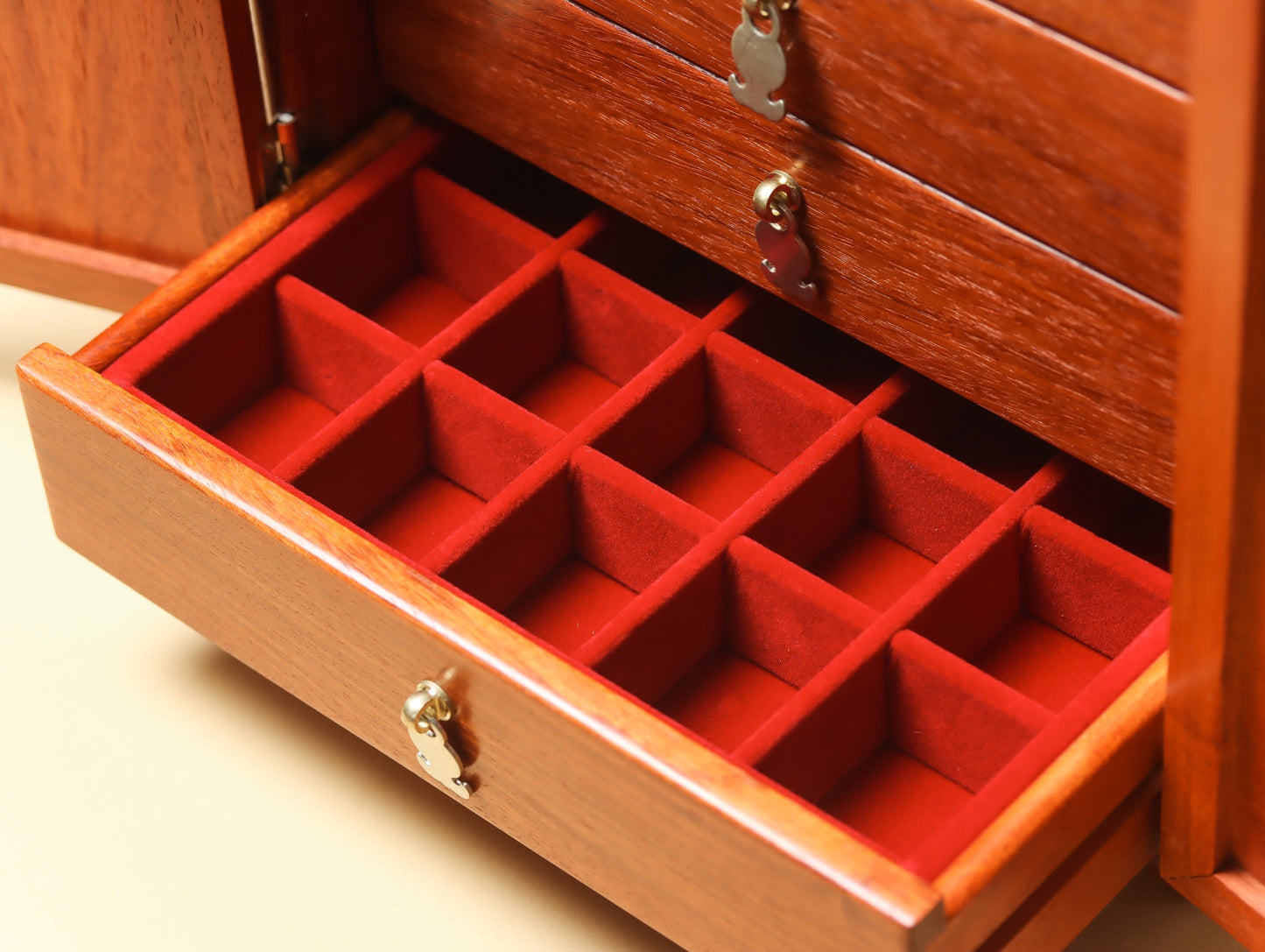 Blessing & Fortune 5-Drawer Jewelry Box in Burmese Padauk – Solid Wood & Traditional Joinery