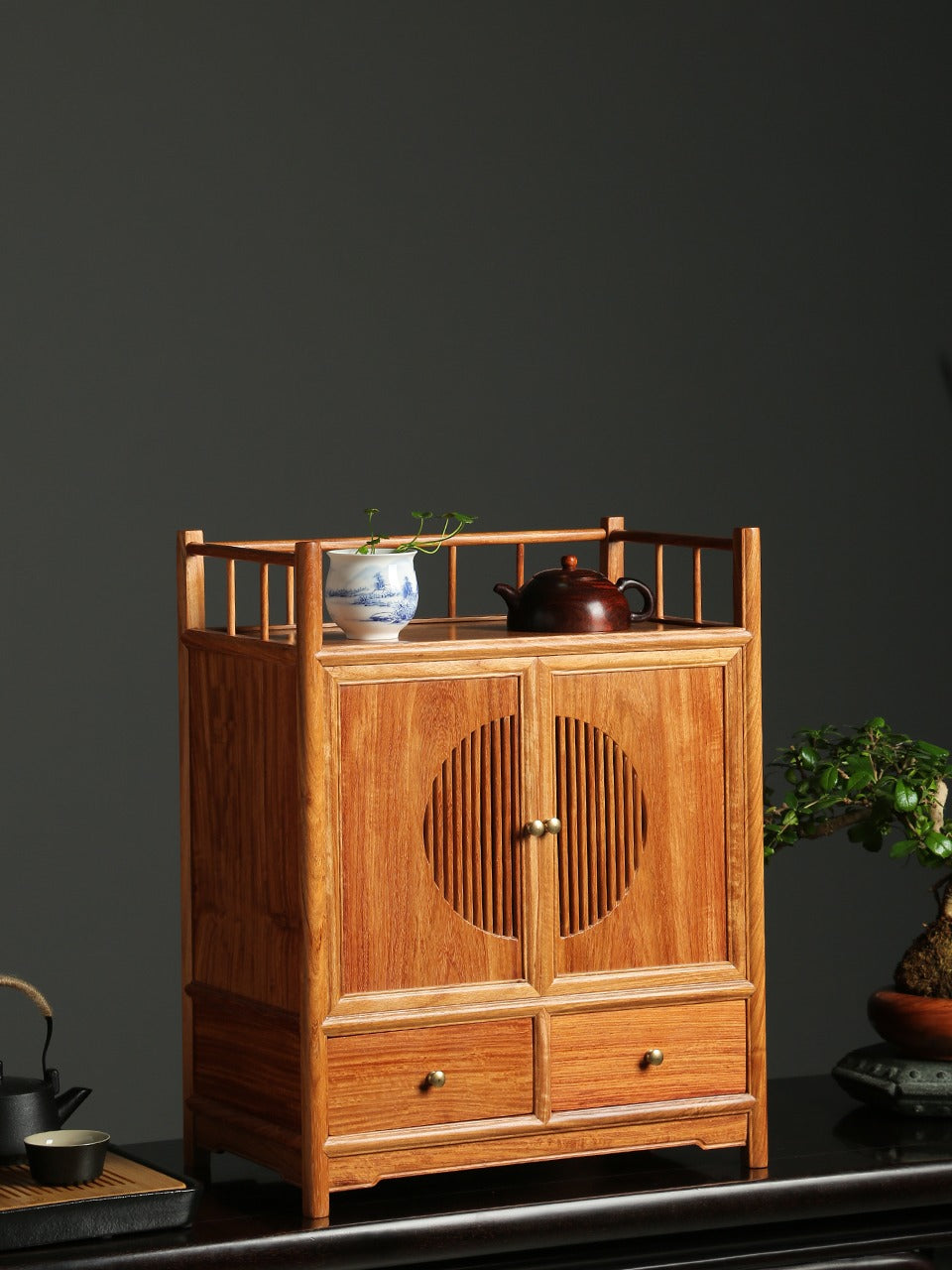 Tea Cabinet with Double Drawers – Solid Burmese Padauk – Mortise & Tenon Craftsmanship (38.5×22.5×48cm)