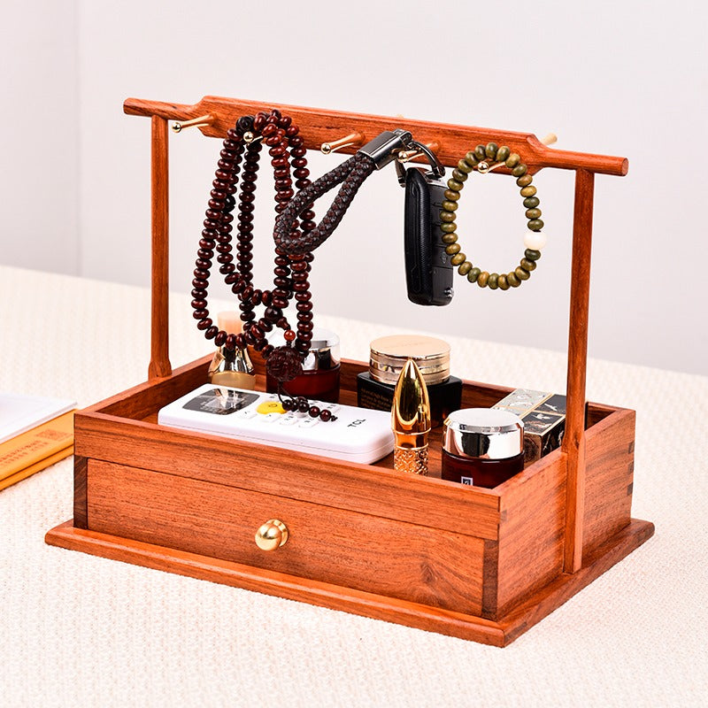 Burmese Padauk Organizer Stand – Solid Wood Desktop Storage Rack – Rustic Entryway Decor (27×19×23×7.3cm)