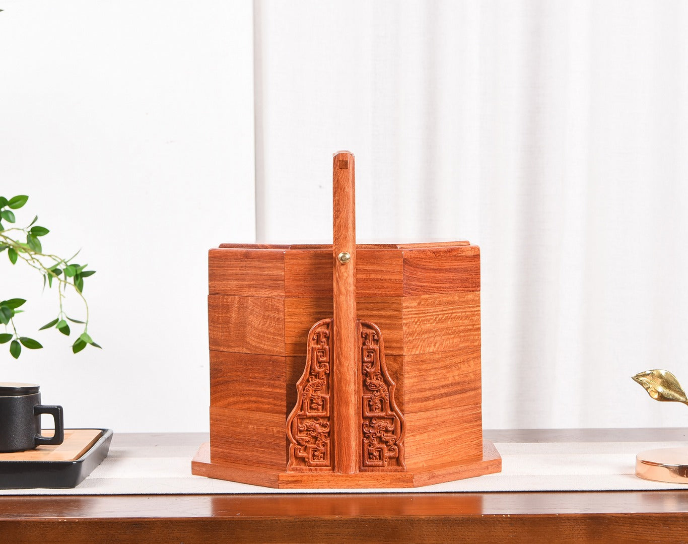 Burmese Padauk Handled Basket – “Eight Treasures” Plain Style, Solid Wood Craft (31.5×31.5×32.5cm)